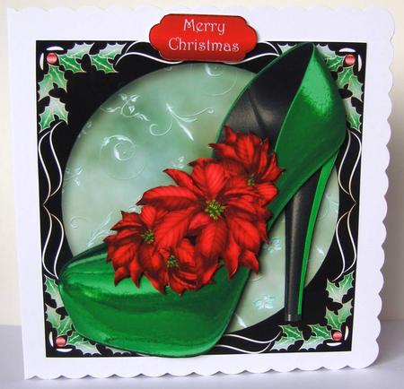 Christmas Shoe with Holly Frame - Red Poinsettias by Margaret McCartney