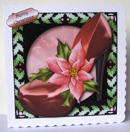 Christmas Shoe with Holly Frame - Pink Poinsettias by Margaret McCartney