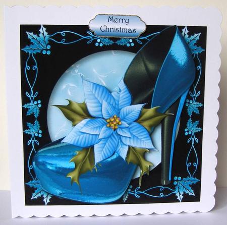 Christmas Shoe with Holly Frame - Blue Poinsettias by Margaret McCartney