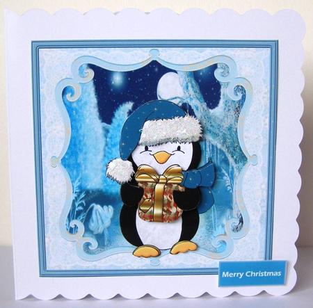 Penguin Brings a Gift a Card with Decoupage by Margaret McCartney