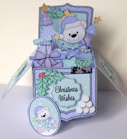 3D Xmas Teddy Rubber Band Pop Up Box Card by Margaret McCartney