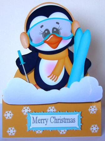 Snowboarding Penguin with Orange Mask Over the Edge by Margaret McCartney