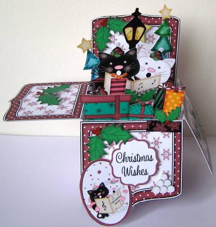 3D Xmas Carol Singing Cats Rubber Band Pop Up Box Card by Margaret McCartney