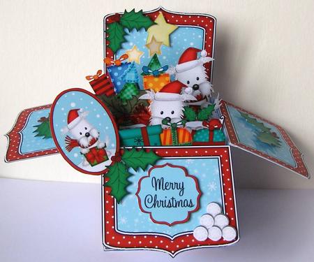 3D Xmas Westie Dogs Rubber Band Pop Up Box Card by Margaret McCartney