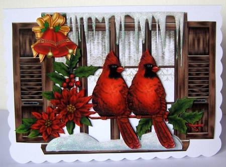 Red Cardinals in the Snow with Window & Bell by Margaret McCartney