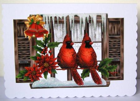 Red Cardinals in the Snow with Window & Bell A4 by Margaret McCartney