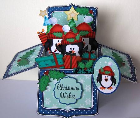 3D Xmas Penguins Rubber Band Pop Up Box Card by Margaret McCartney