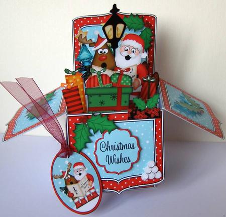 3D Xmas Santa & Rudolph Rubber Band Pop Up Box Card by Margaret McCartney