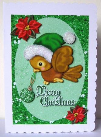 Cute Bird with Green Santa Hat by Margaret McCartney