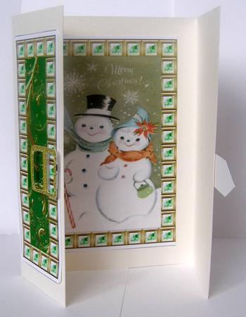 Christmas Snowman Couple Green Bling Giant Square Buckle Gatefold Card by Margaret McCartney