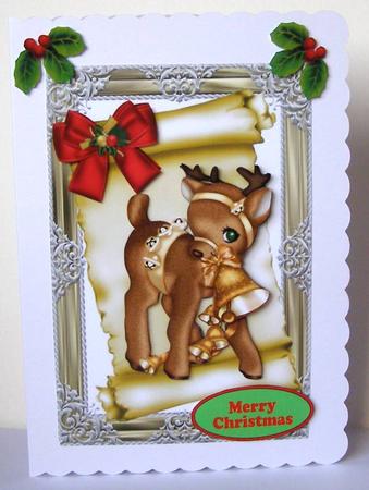 Little Reindeer on a Scroll, with Bow & Holly by Margaret McCartney
