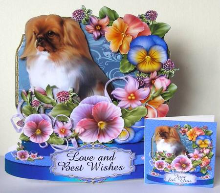 Cute Pekingnese and Pansies Shaped Card Plus Gift Card by Margaret McCartney