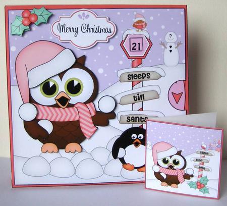 3D Xmas Hoot Owl & Penguin Sleeps Till Santa Animated Card by Margaret McCartney