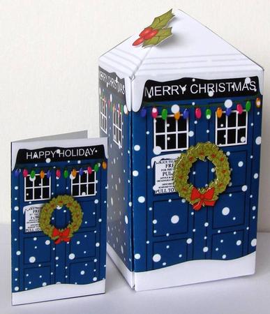 3D Christmas Police Box Rubber Band Pop Up Card by Margaret McCartney
