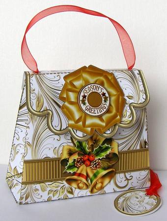 Handbag Gift Box Gold Bells & Holly by Margaret McCartney