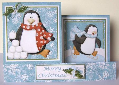 Penguin Snowball Side Stepper Card by Margaret McCartney