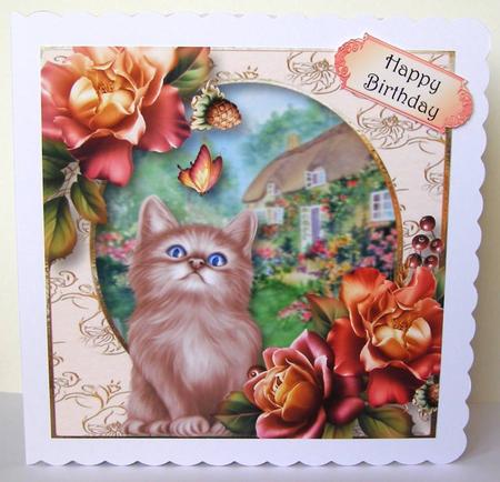 Cottage Kitten with Sunset Roses & Butterfly Quick Topper by Margaret McCartney