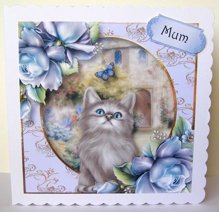 Cottage Kitten with Porcelain Roses & Butterfly Quick Topper by Margaret McCartney