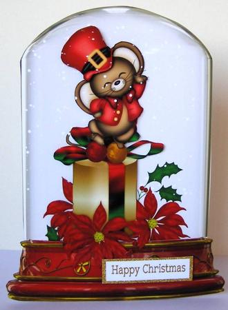 Little Mouse on a Present with Poinsettias in Glass Dome by Margaret McCartney