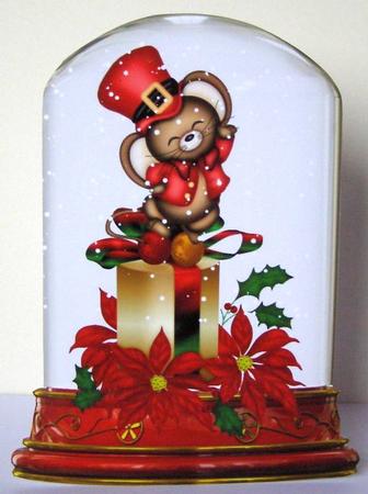 Little Mouse on a Present with Poinsettias in Glass Dome A4 by Margaret McCartney