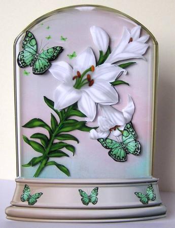 Beautiful White Lillies and Butterflies in Glass Dome by Margaret McCartney