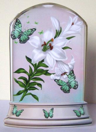 Beautiful White Lillies and Butterflies in Glass Dome A4 by Margaret McCartney