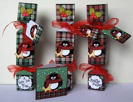 3D Pip Penguin Tartan Christmas Cracker Boxes by Margaret McCartney