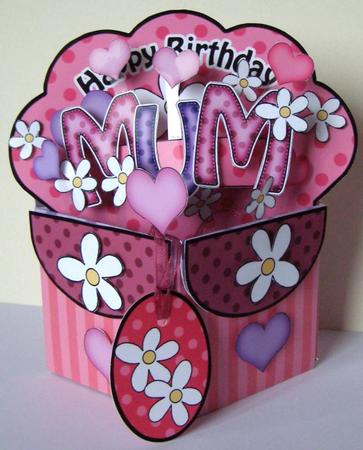 3D Birthday Mum Diagonal Words Rubber Band Pop Up Box Card by Margaret McCartney