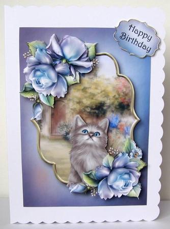 Kitten & Blue Roses by Margaret McCartney
