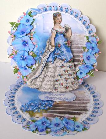 Victorian Lady in Blue Scalloped Round Easel Card by Margaret McCartney