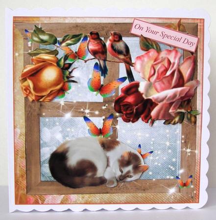 Cosy Cat and Vintage Flower Window with Decoupage by Margaret McCartney