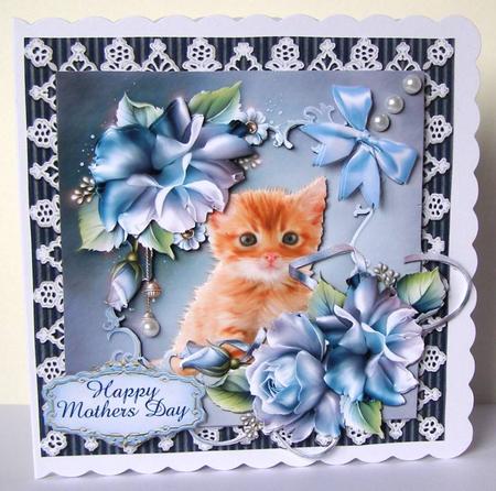 Ginger Kitten and Blue Flowers Birthday Card Front Mini Kit by Margaret McCartney