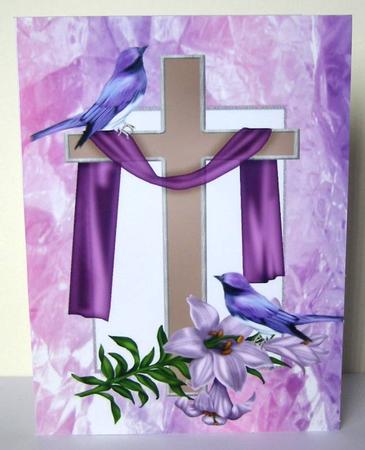 Cross with Lilac Drape, Lilac Lillies, and Pretty Birds A4 by Margaret McCartney