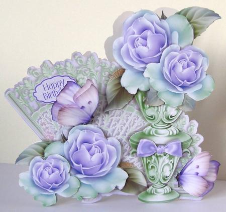 Pretty Things Shaped Card Mini-kit - Lavender Roses & Fan by Margaret McCartney