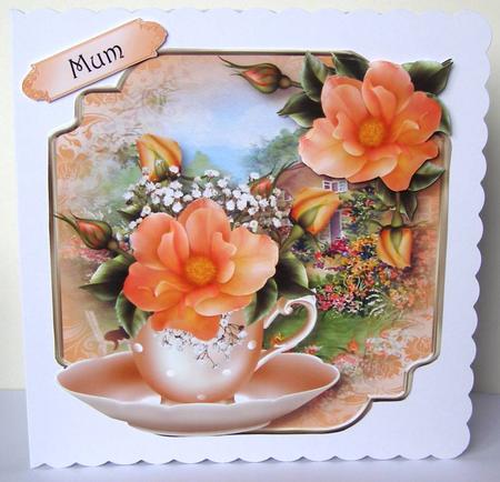 Teacup, Saucer & Peach Roses - Shaped Topper by Margaret McCartney