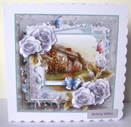 Cottage and Blue Rose Card with Decoupage by Margaret McCartney