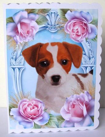 Cute Jack Russel in Blue Roses A4 by Margaret McCartney