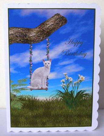 White Cat Swinging A4 by Margaret McCartney