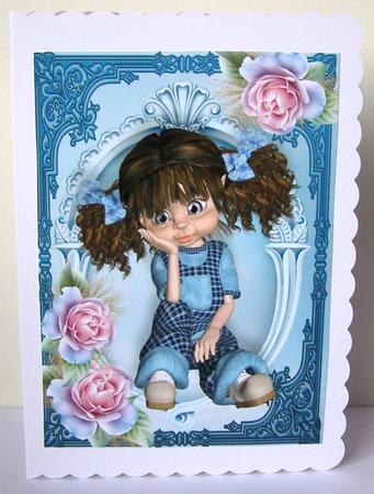 Little Kiki Girl with Blue Frosted Roses A4 by Margaret McCartney