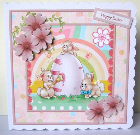 Easter Bunnies Painting an Egg Card by Margaret McCartney