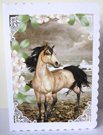 Beautiful Horse by the Edge of the Sea Shore with Flowers A4 by Margaret McCartney