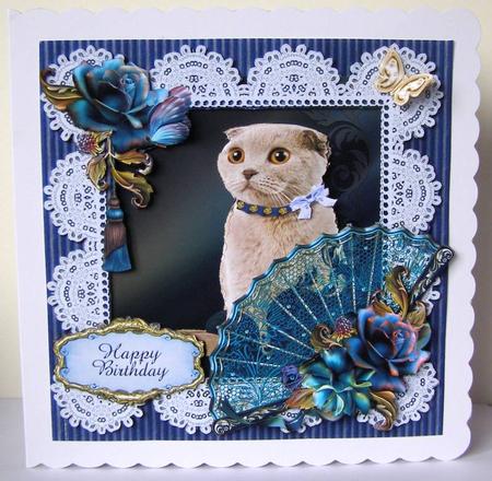 Beautiful Blue Kitten & Battenburg Lace Card Front by Margaret McCartney