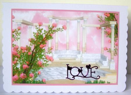 Pink Roses and Temple A4 by Margaret McCartney