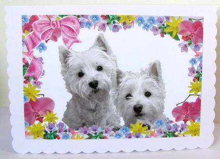 Cute Pair of Westies in Flower Frame with Bow A4 by Margaret McCartney
