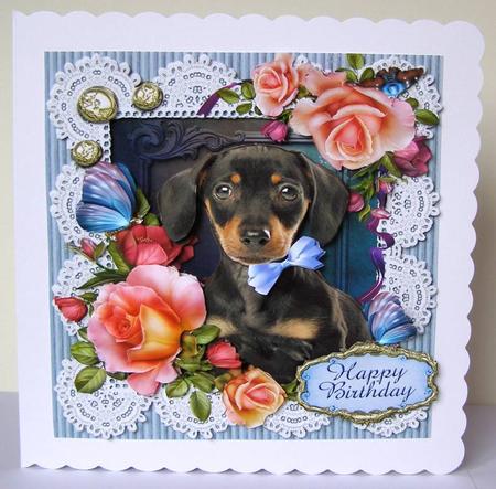 Cute Daschund Pup and Lace Card Front by Margaret McCartney