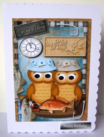 Male Card Gone Fishing Owls by Margaret McCartney