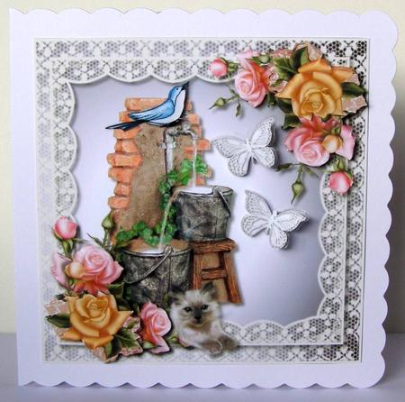 Beautiful Garden, Fountain & Roses in Lace Frame by Margaret McCartney