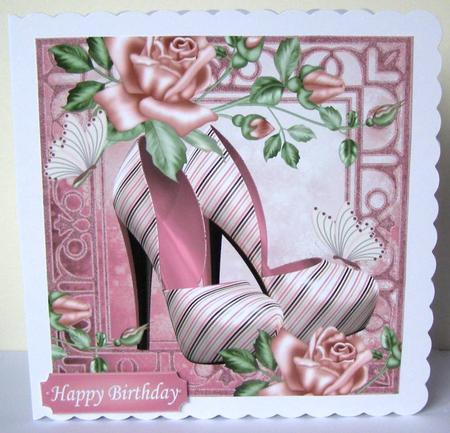 Pretty Pink Stripe Shoes with Roses and Butterflies 8x8 by Margaret McCartney