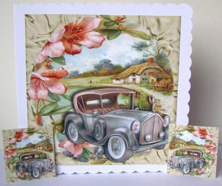 Silver Vintage Car with Flowers and a Cottage 8x8 by Margaret McCartney