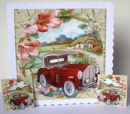 Red Vintage Car with Flowers and a Cottage 8x8 by Margaret McCartney